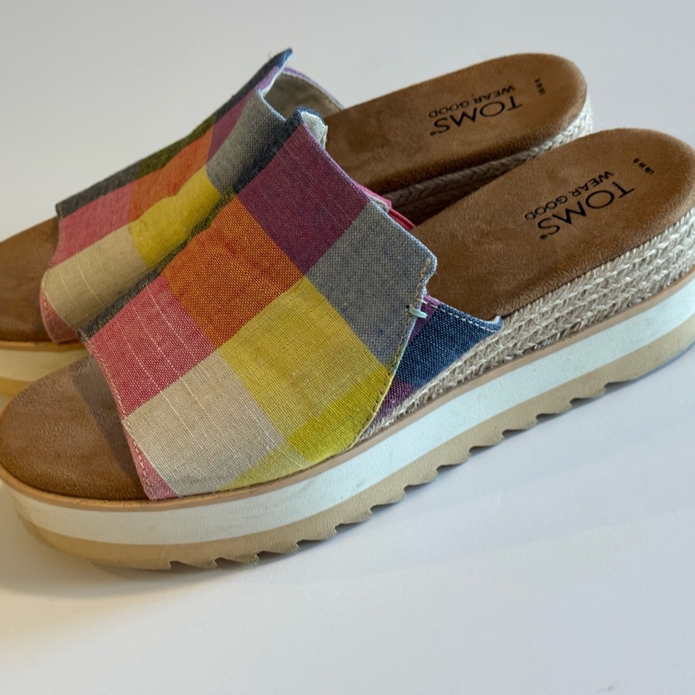 TOMS Diana Multicolor Picnic Plaid Slide Sandals Wedge Size 8 - Picture 11 of 15